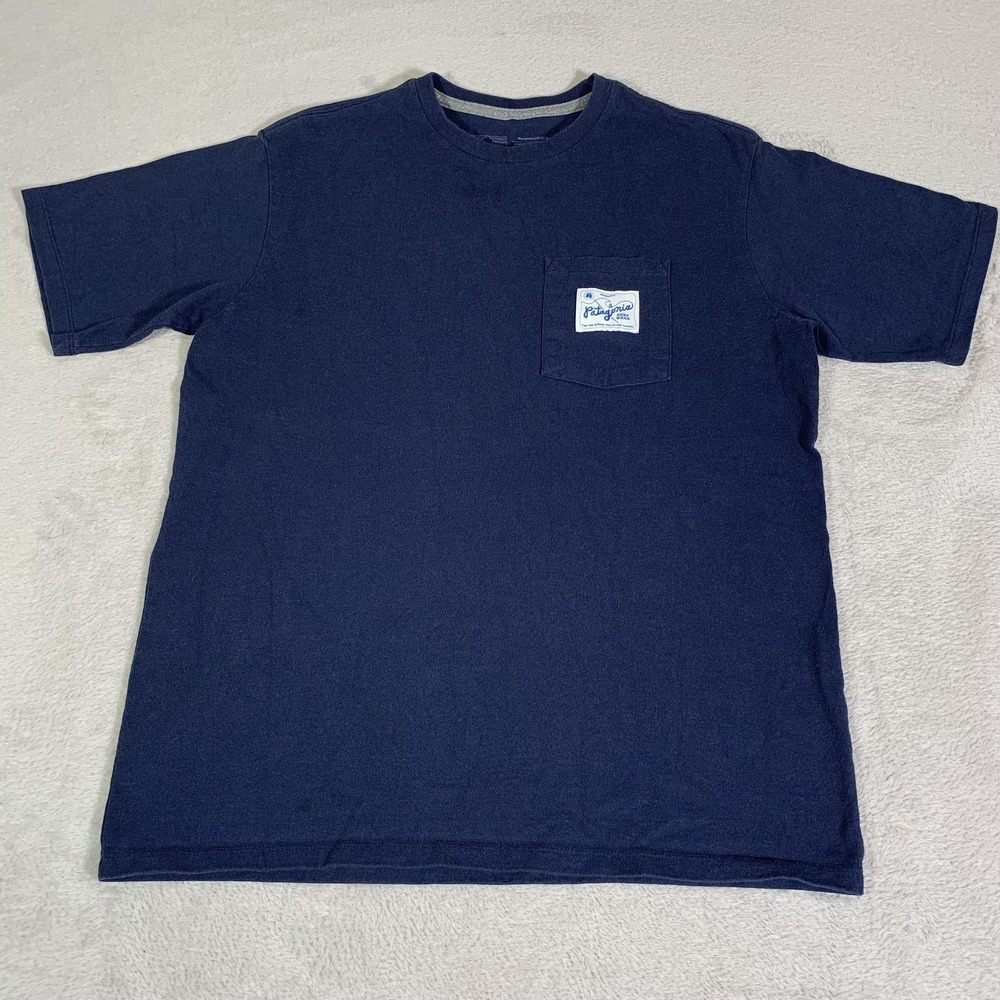 Patagonia Shirt Mens XS Blue Surf Wear Pocket Graphic Responsibili-Tee Logo Tee